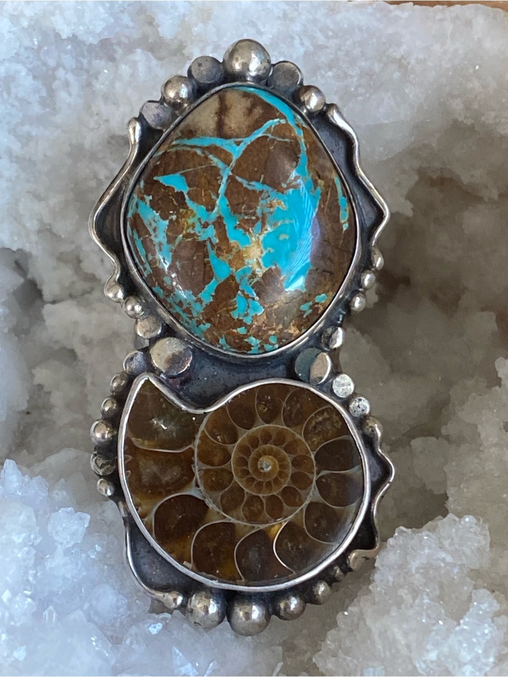 Fossil Ammonite & Turquoise Sterling Statement Ring - Picture 4 of 8